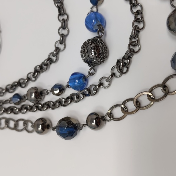 Multi-Layer Chain Necklace Gunmetal Gray Blue Five Strand - Picture 3 of 9